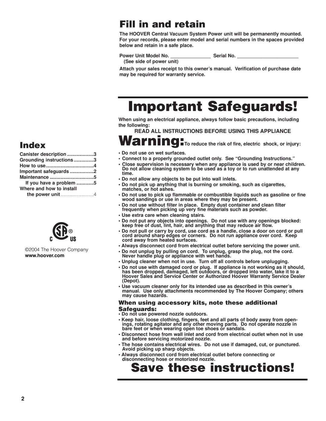 Hoover 120 V 60 HZ owner manual Fill in and retain, Index, When using accessory kits, note these additional Safeguards 