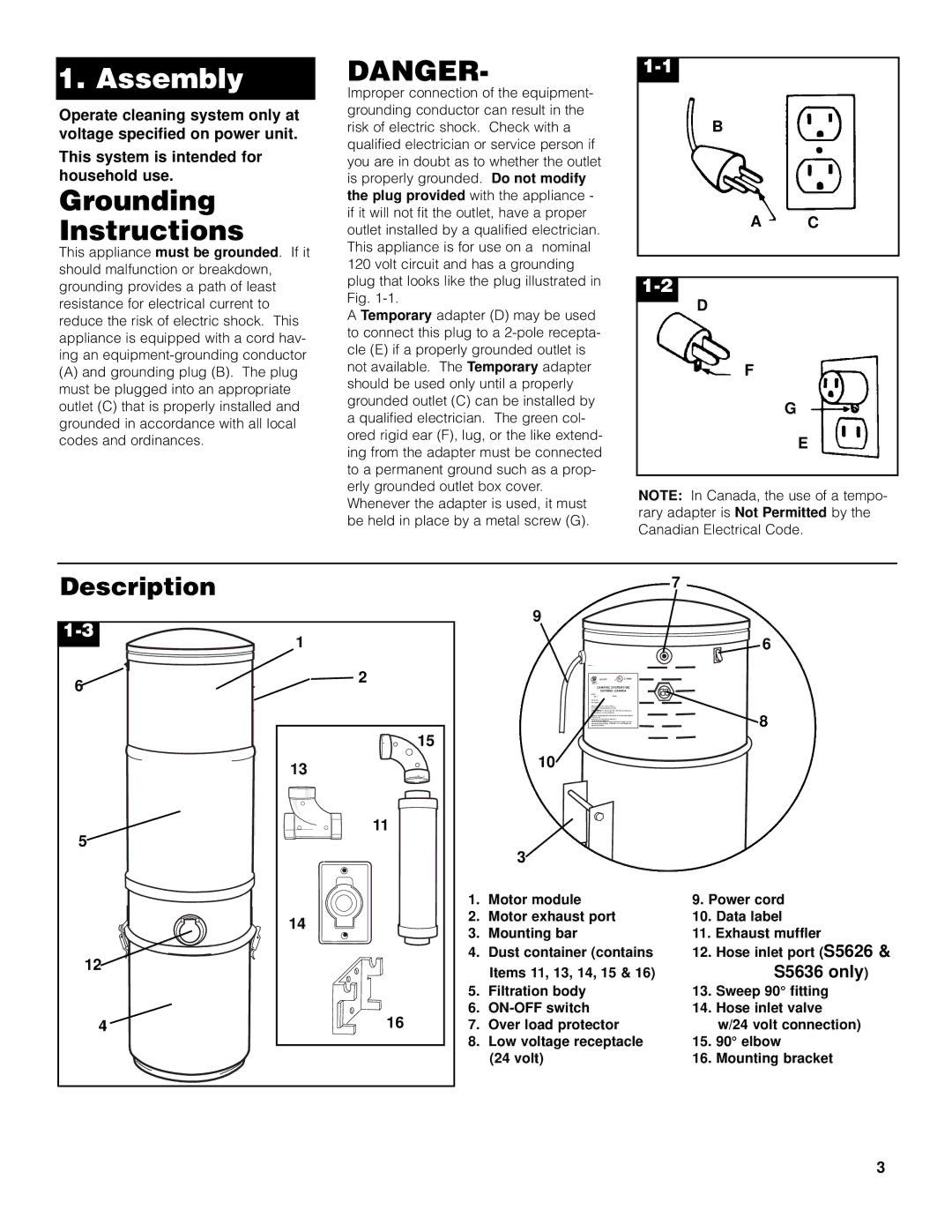 Hoover 120 V 60 HZ owner manual Assembly, Grounding Instructions, Description, S5636 only 