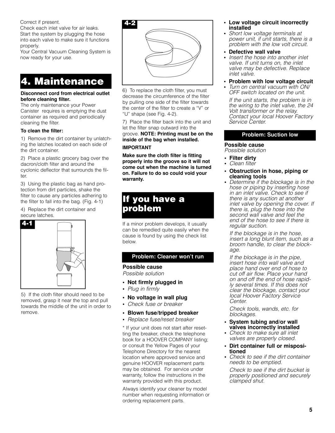 Hoover 120 V 60 HZ owner manual Maintenance, To clean the filter 