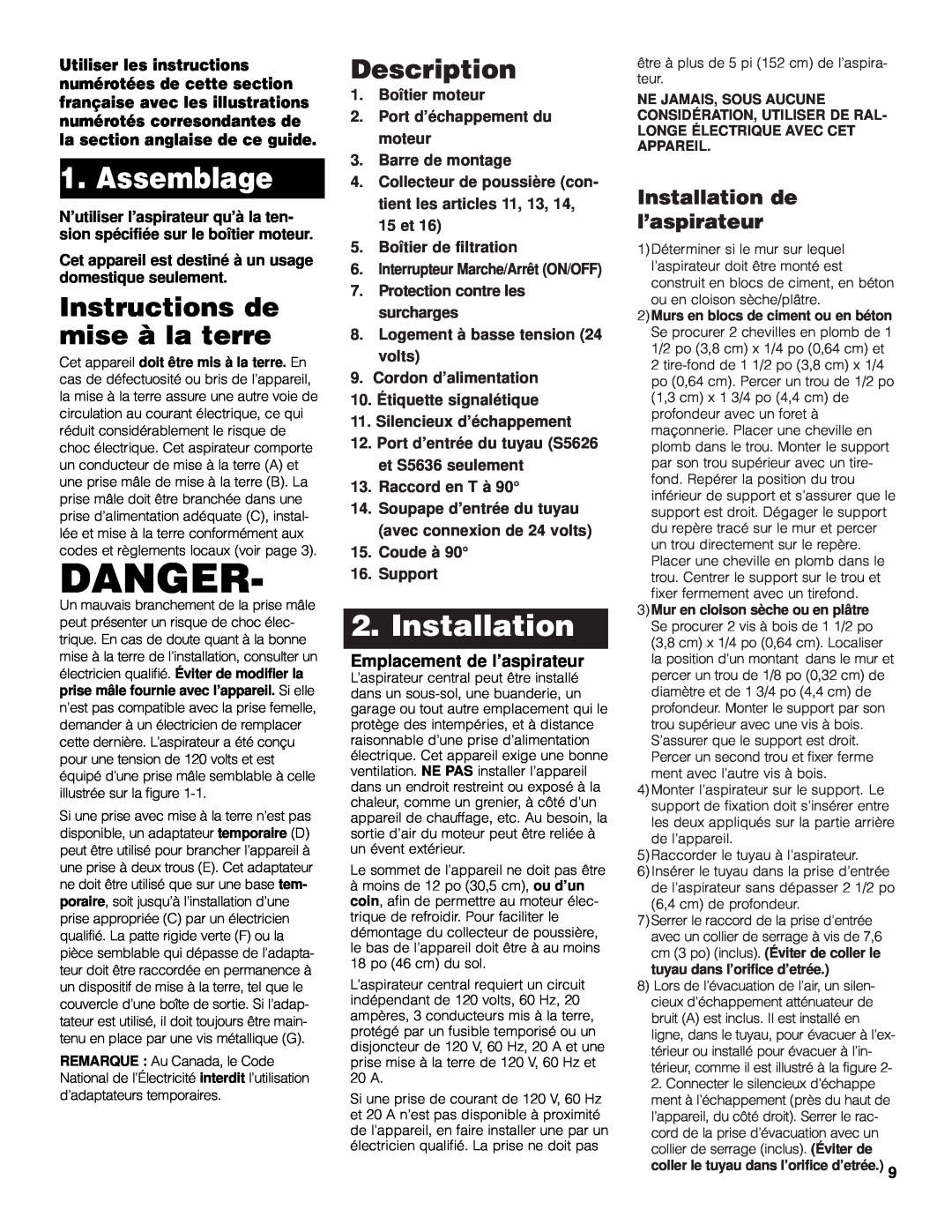 Hoover 120 V 60 HZ owner manual Danger, Installation de l’aspirateur, Emplacement de l’aspirateur, Assemblage, Description 