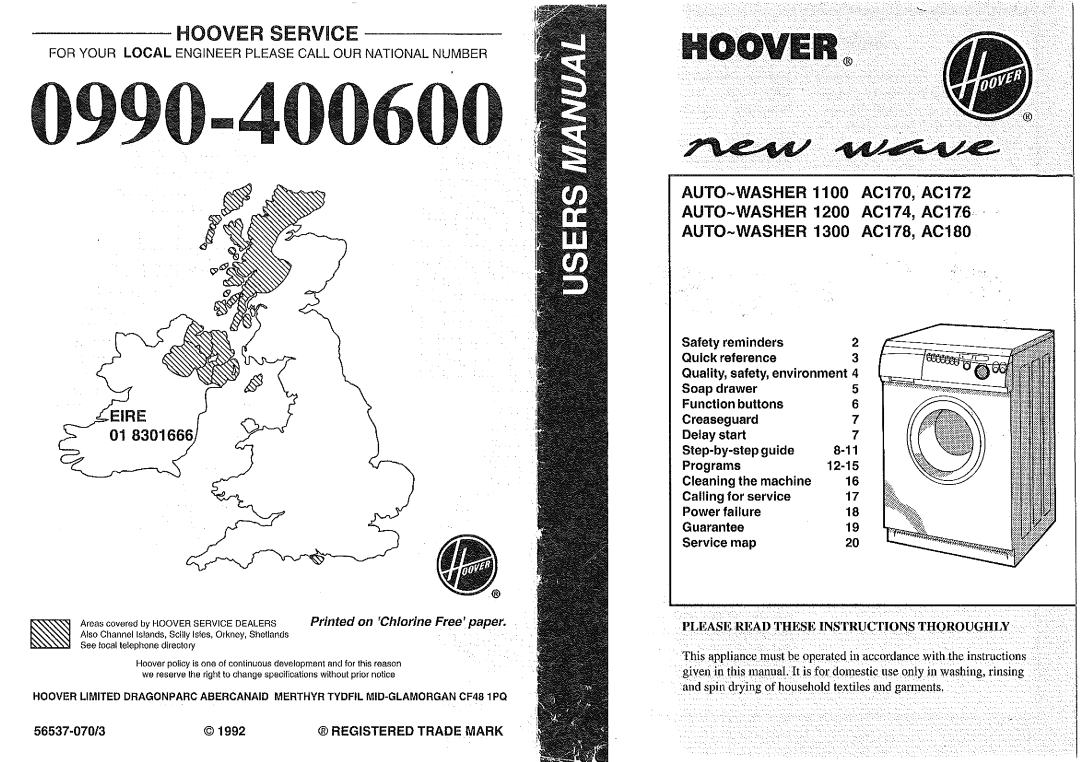 Hoover 1200 AC176, 1200 AC174, 1100 AC170, 1100 AC172, 1300 AC178, 1300 AC180 manual 