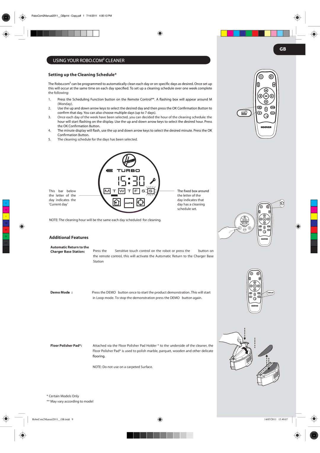 Hoover 2 instruction manual Setting up the Cleaning Schedule, Additional Features 