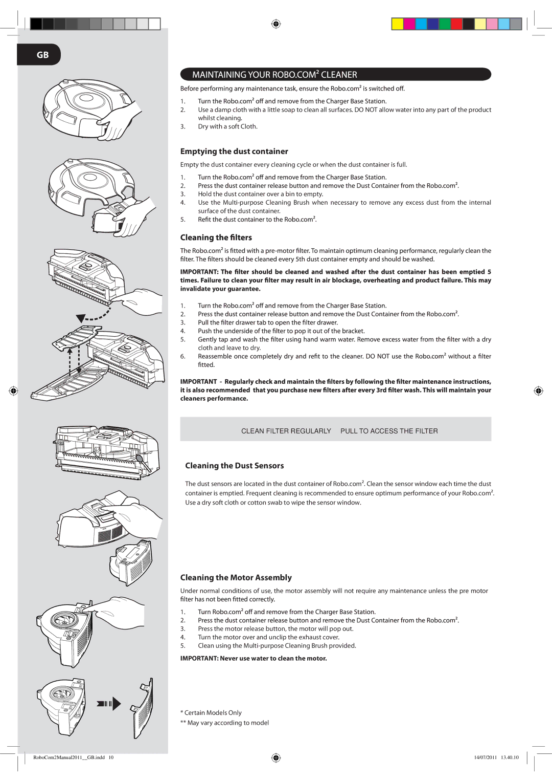 Hoover 2 instruction manual Emptying the dust container, Cleaning the Dust Sensors, Cleaning the Motor Assembly 