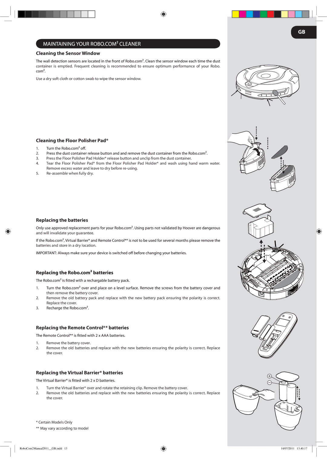 Hoover 2 instruction manual Cleaning the Sensor Window, Cleaning the Floor Polisher Pad, Replacing the batteries 