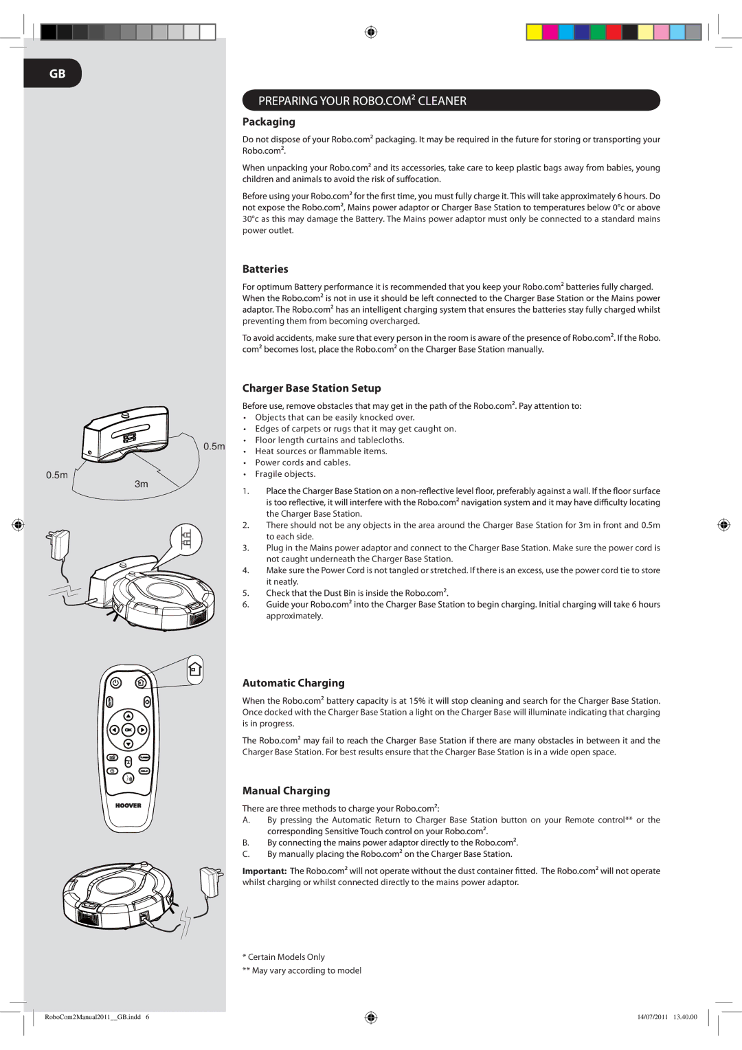 Hoover 2 instruction manual Packaging, Batteries, Charger Base Station Setup, Automatic Charging, Manual Charging 