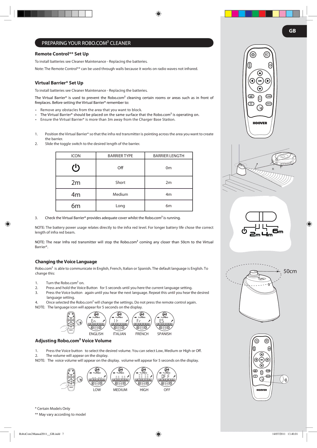 Hoover 2 Remote Control** Set Up, Virtual Barrier* Set Up, Changing the Voice Language, Adjusting Robo,com² Voice Volume 