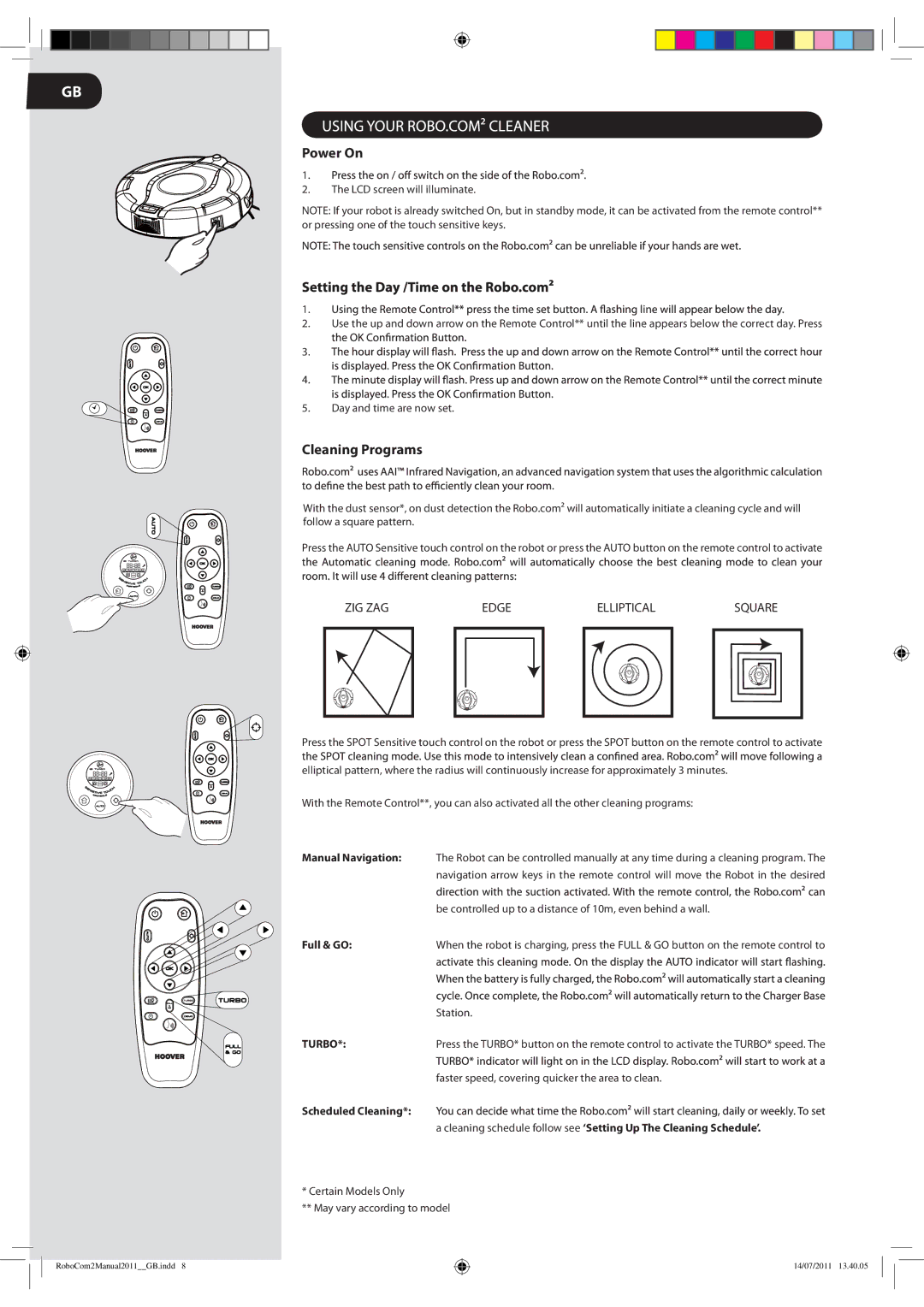 Hoover 2 instruction manual Power On, Cleaning Programs 