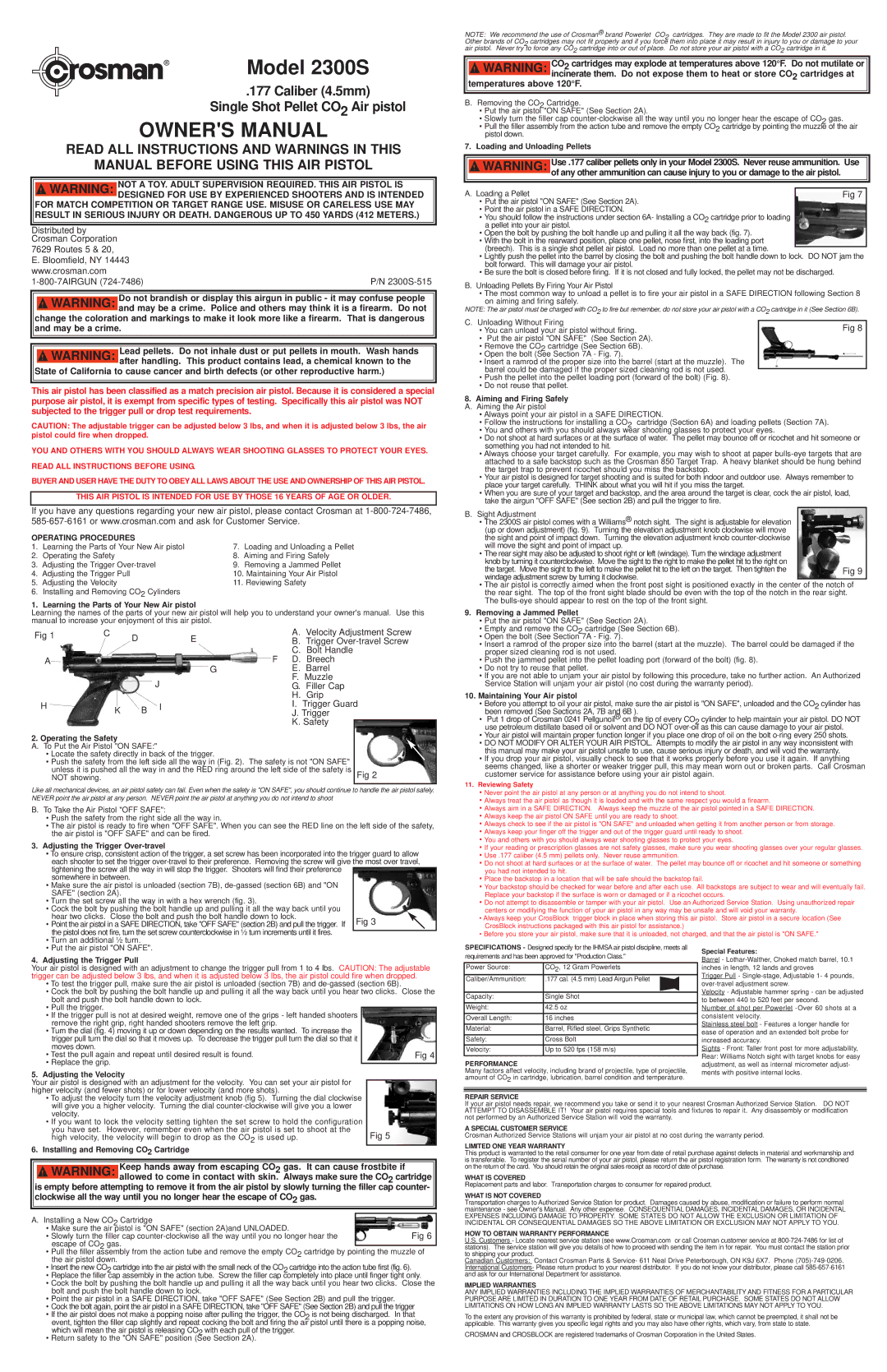 Hoover 2300S owner manual Learning the Parts of Your New Air pistol, Operating the Safety, Loading and Unloading Pellets 