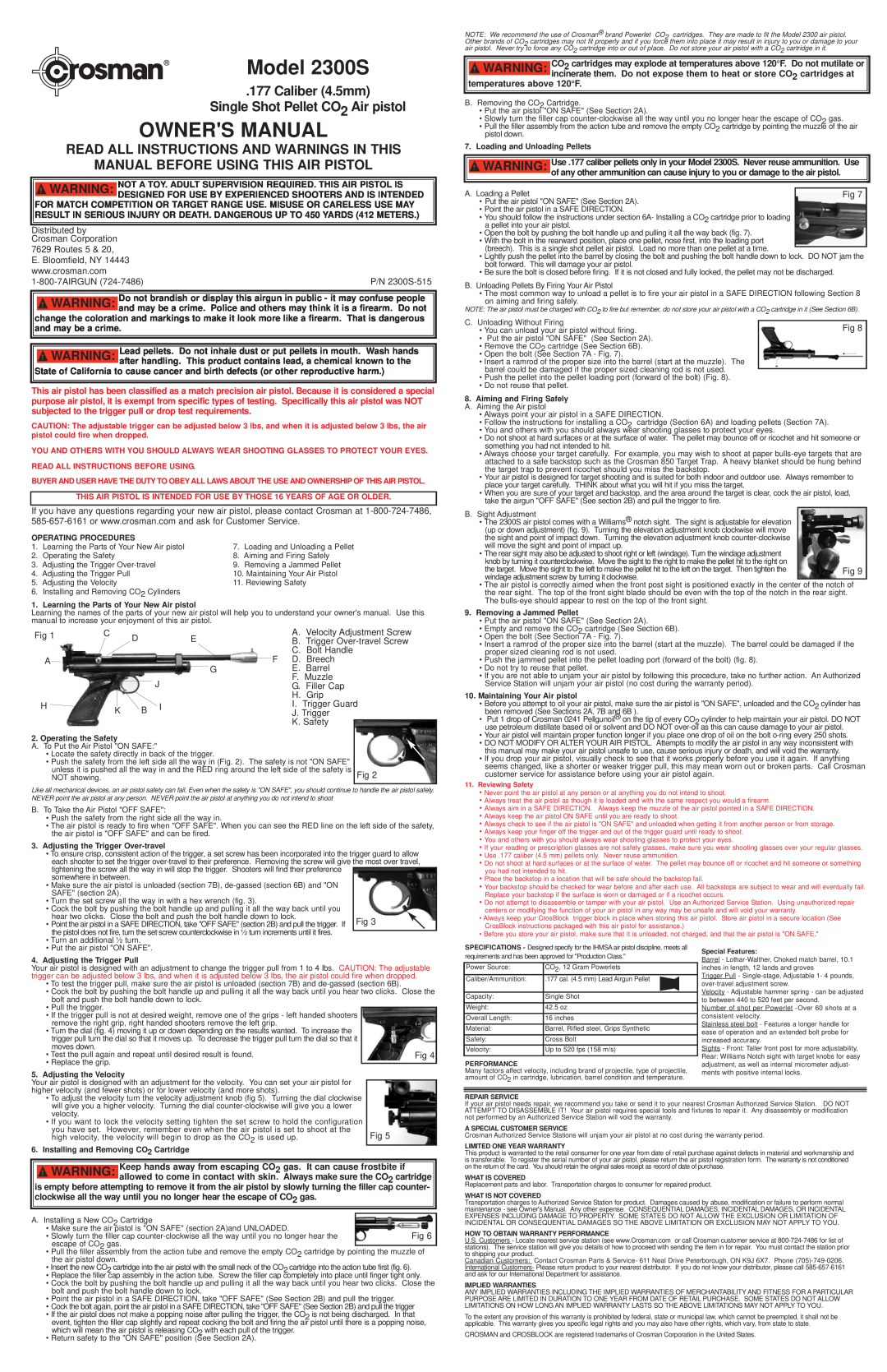 Hoover owner manual Model 2300S, Owners Manual, Caliber 4.5mm Single Shot Pellet CO2 Air pistol 