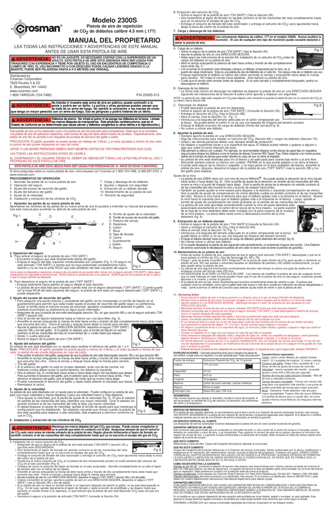 Hoover Pistola de aire de repetición de CO2 de diábolos calibre 4.5 mm, Modelo 2300S, Manual Del Propietario 
