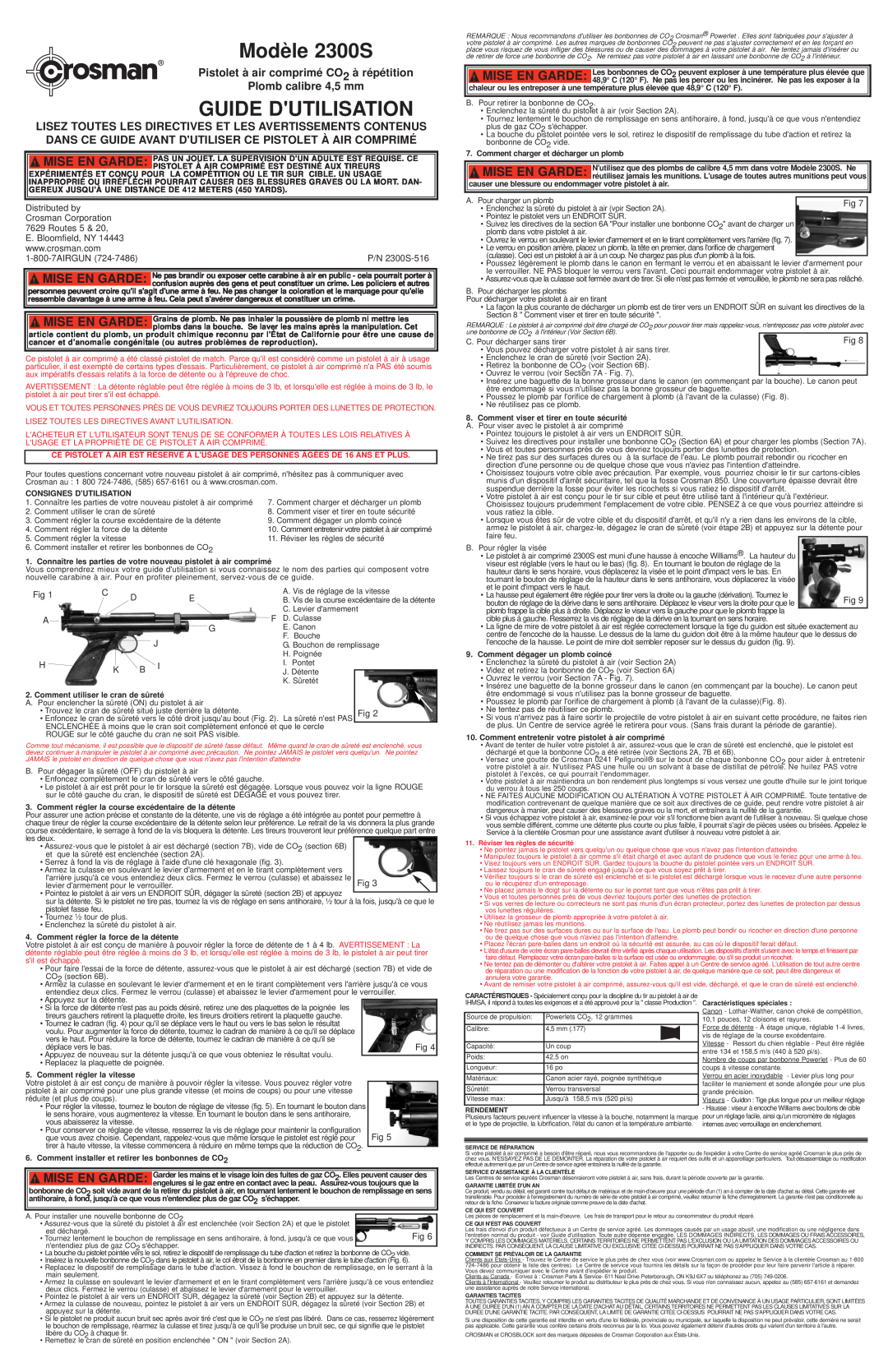 Hoover owner manual Modèle 2300S, Guide Dutilisation, Pistolet à air comprimé CO2 à répétition Plomb calibre 4,5 mm 