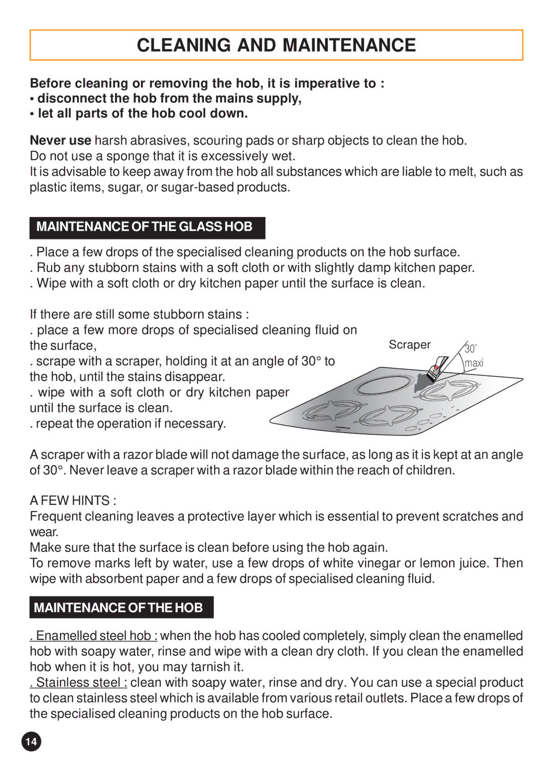 Hoover 33800315, 33800324, 33800317, 33800316, 33800319, 33800318 Cleaning and Maintenance, Maintenance of the Glass HOB 