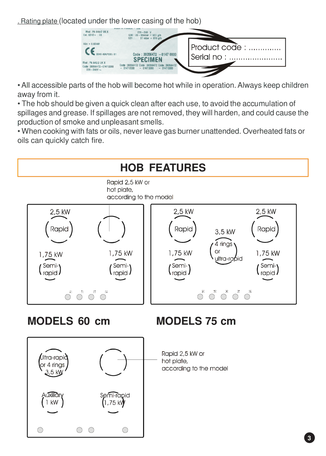 Hoover 33800317, 33800315, 33800324, 33800316, 33800319, 33800318 manual HOB Features 