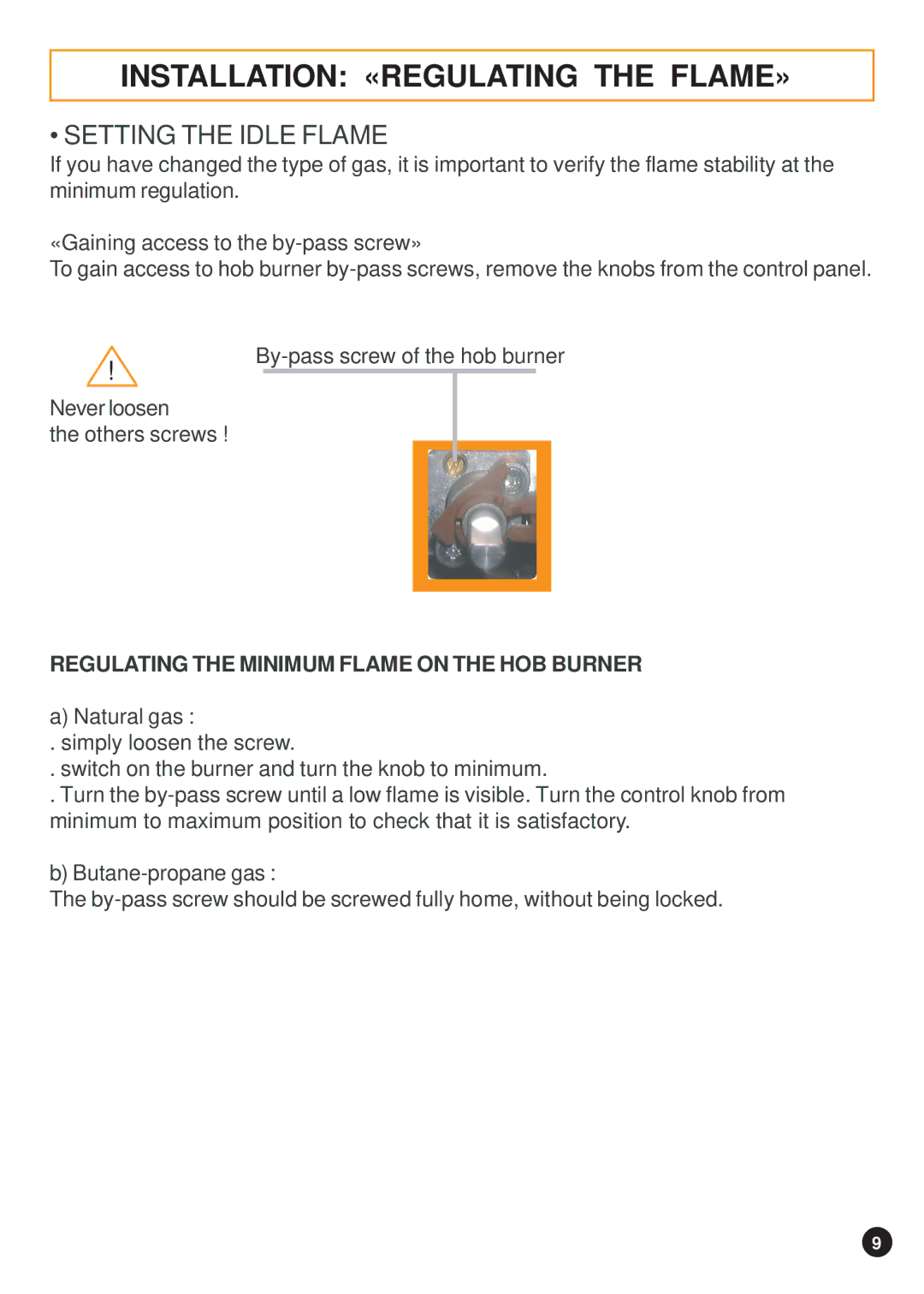 Hoover 33800324, 33800315, 33800317 Installation «REGULATING the FLAME», Regulating the Minimum Flame on the HOB Burner 