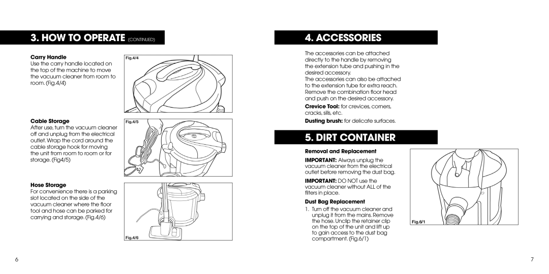 Hoover 4080 manual Accessories, Dirt Container 