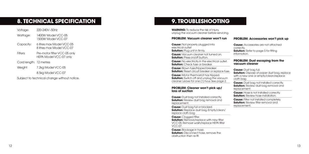 Hoover 4080 manual Technical Specification, Troubleshooting 