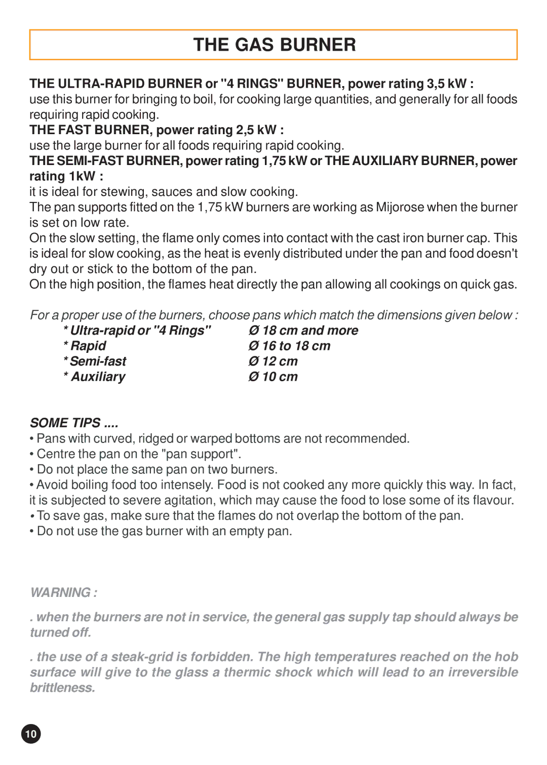 Hoover 41016047 manual GAS Burner, ULTRA-RAPID Burner or 4 Rings BURNER, power rating 3,5 kW 