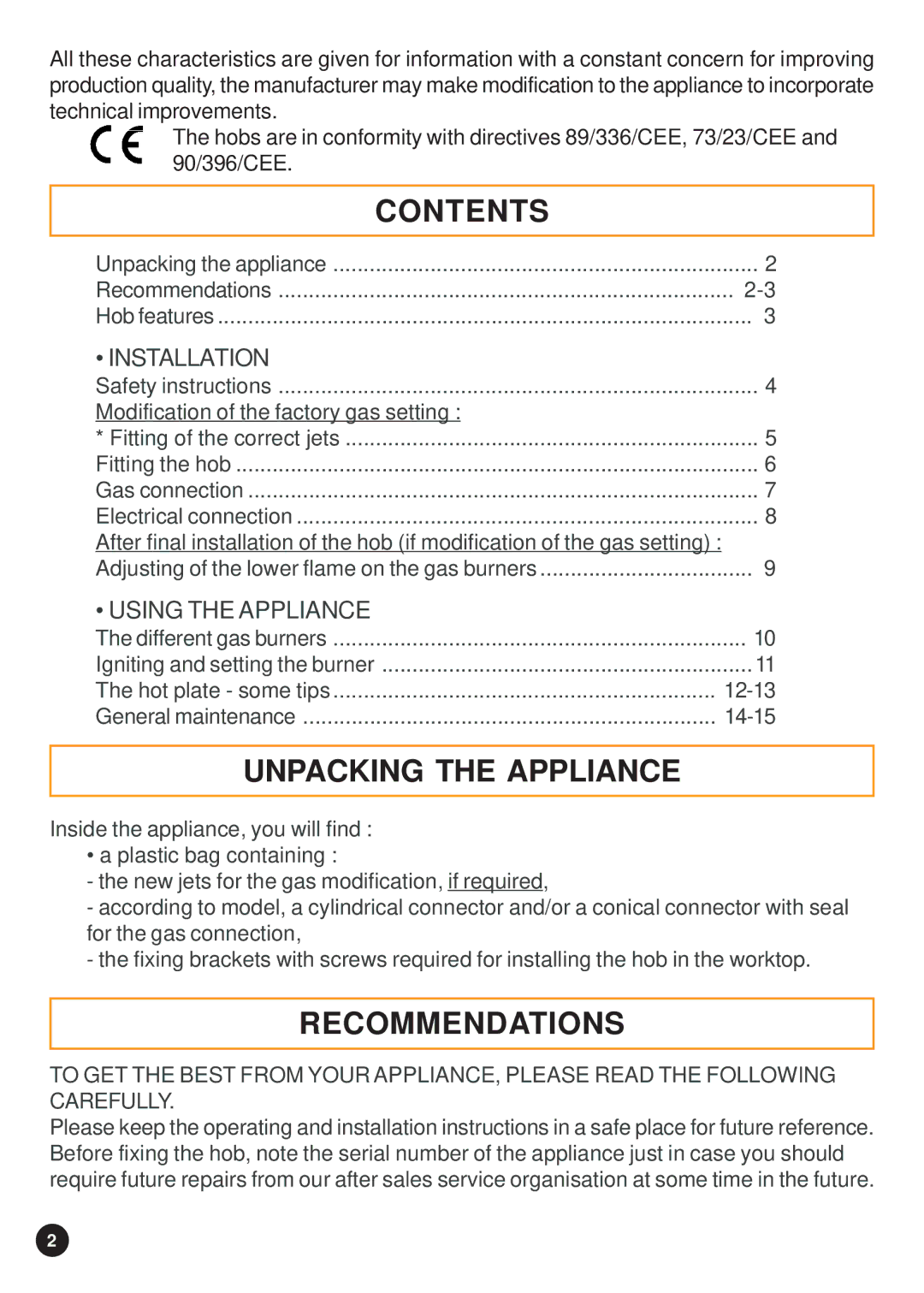 Hoover 41016047 manual Contents, Recommendations 