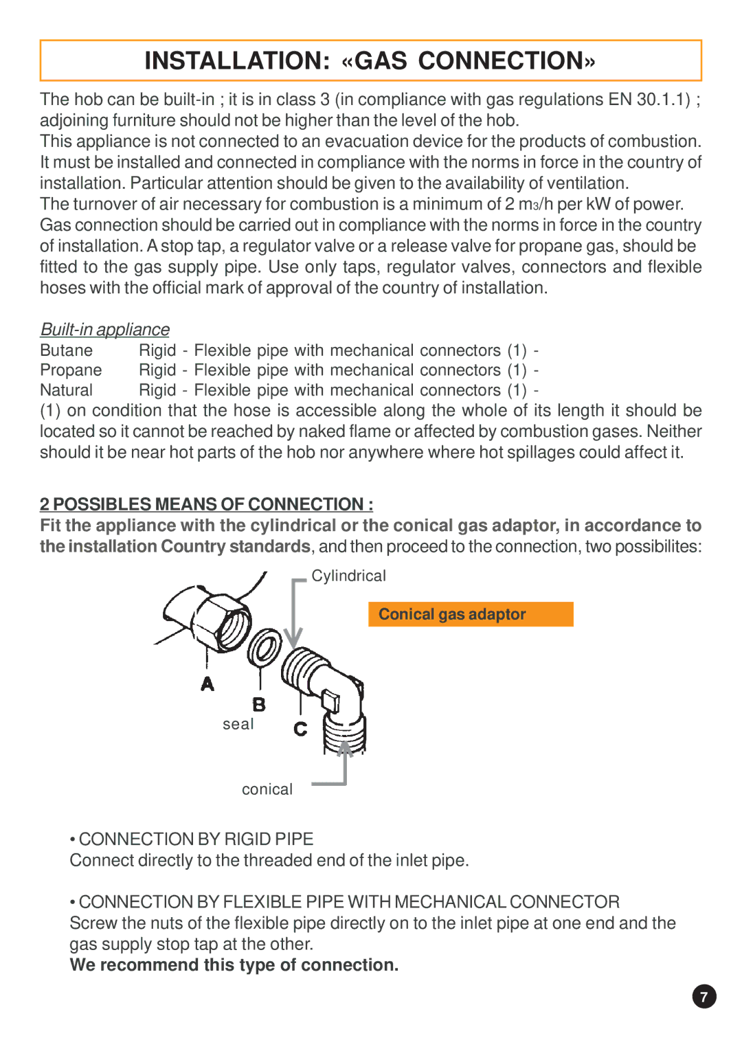 Hoover 41016047 manual Built-in appliance, Possibles Means of Connection 