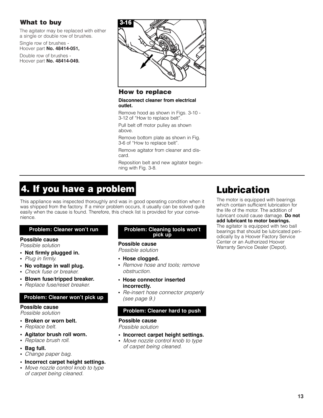 Hoover 4600 owner manual Lubrication, What to buy, Hoover part No 