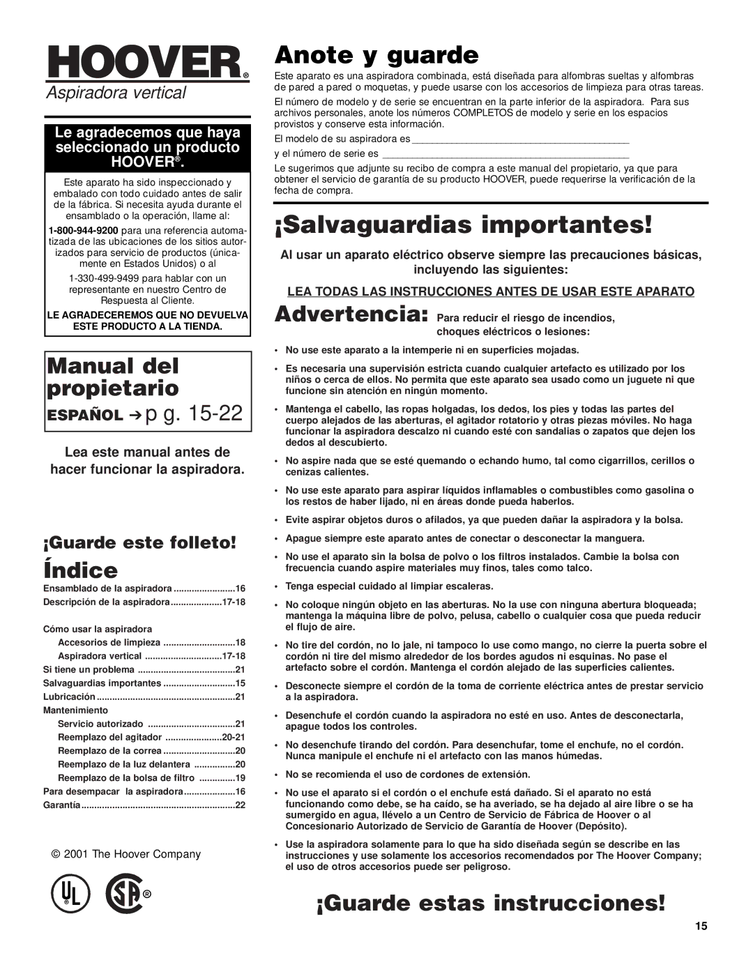 Hoover 4600 owner manual Manual del propietario, Índice, ¡Guarde estas instrucciones, ¡Guarde este folleto 