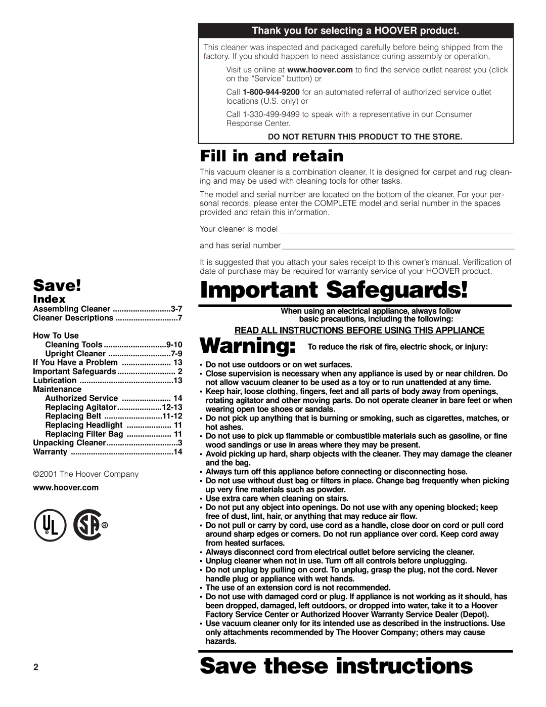 Hoover 4600 owner manual Save, Fill in and retain, Index 