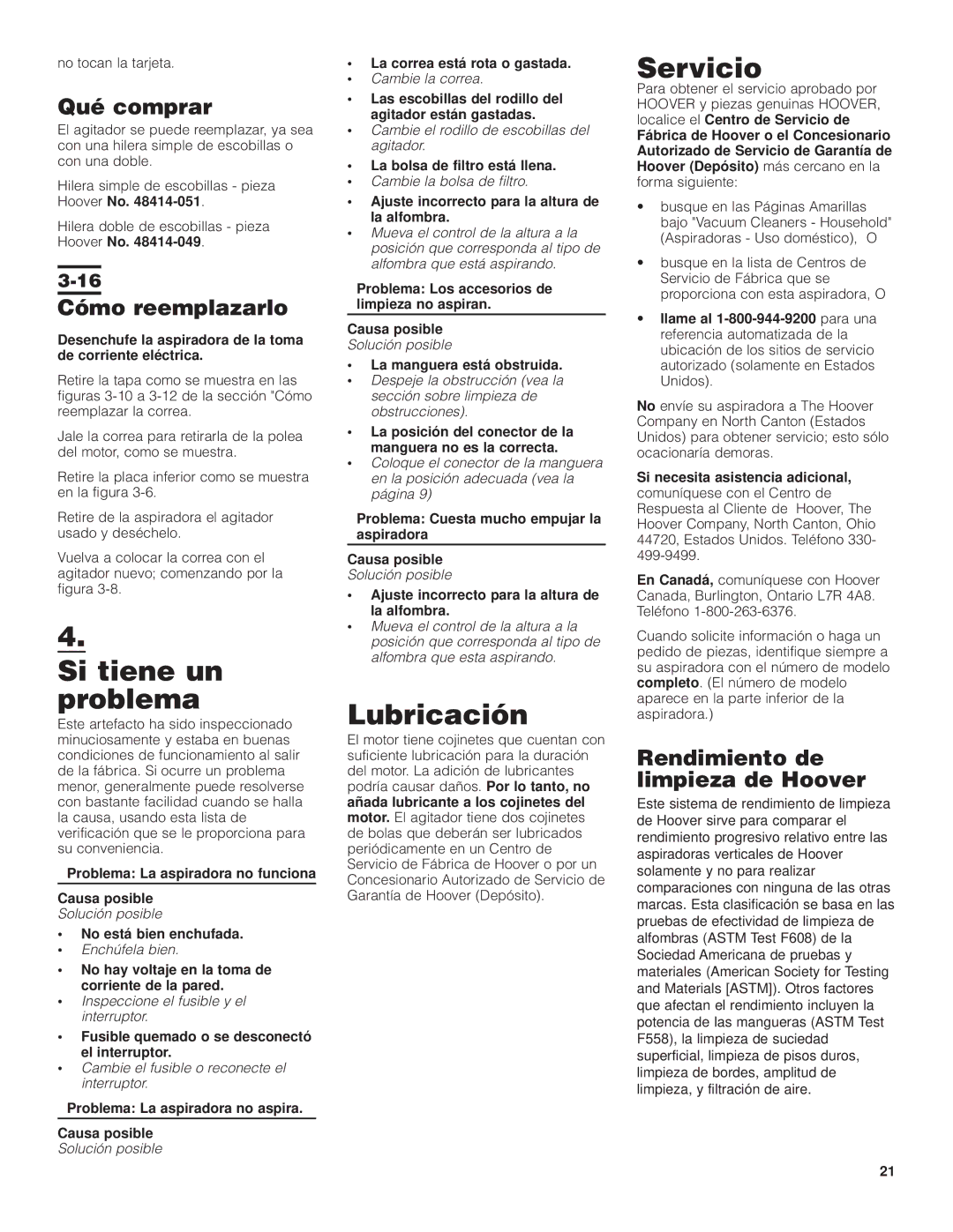 Hoover 4600 owner manual Si tiene un problema, Lubricación, Servicio 