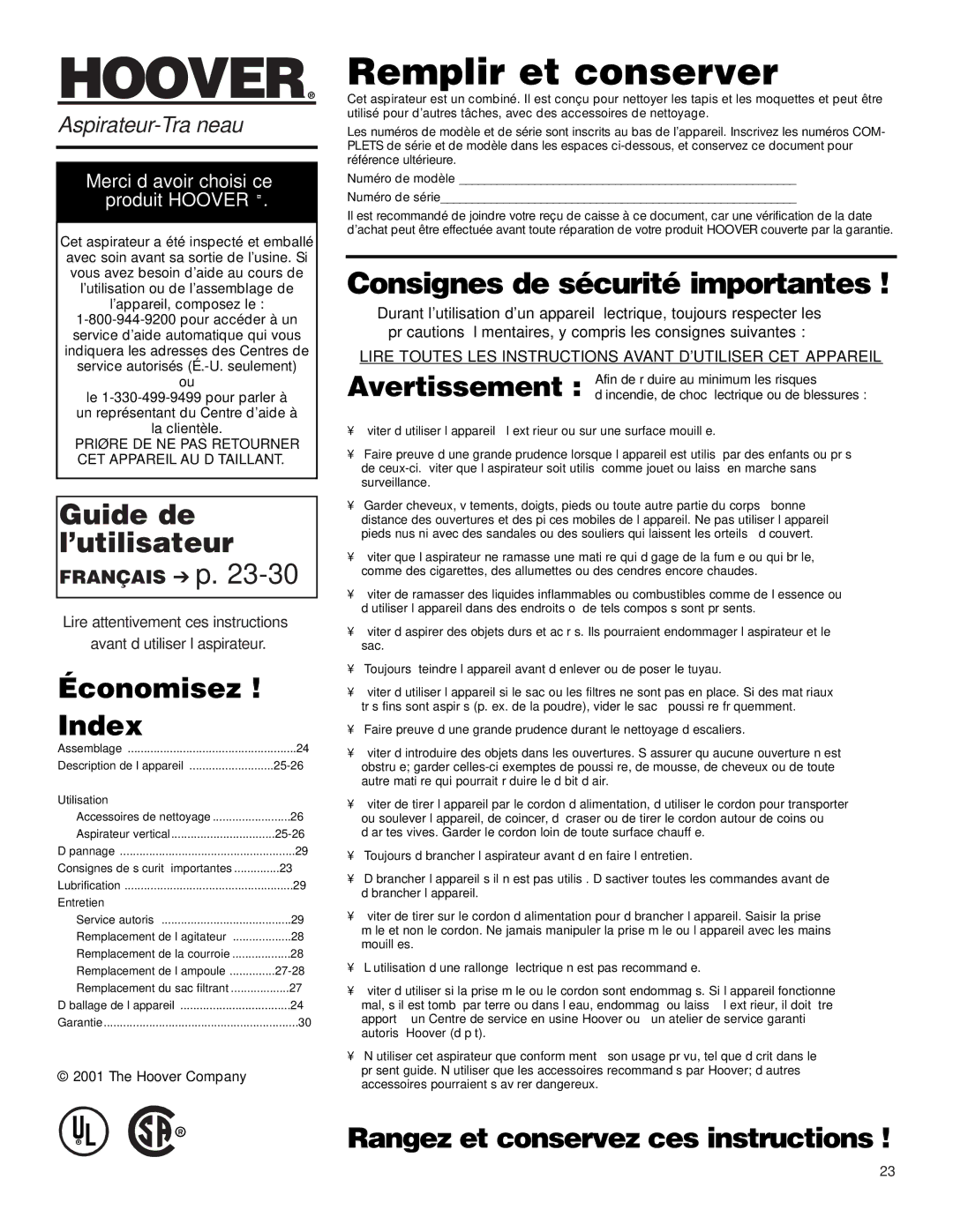 Hoover 4600 owner manual Guide de l’utilisateur, Économisez Index, Rangez et conservez ces instructions, Français p 