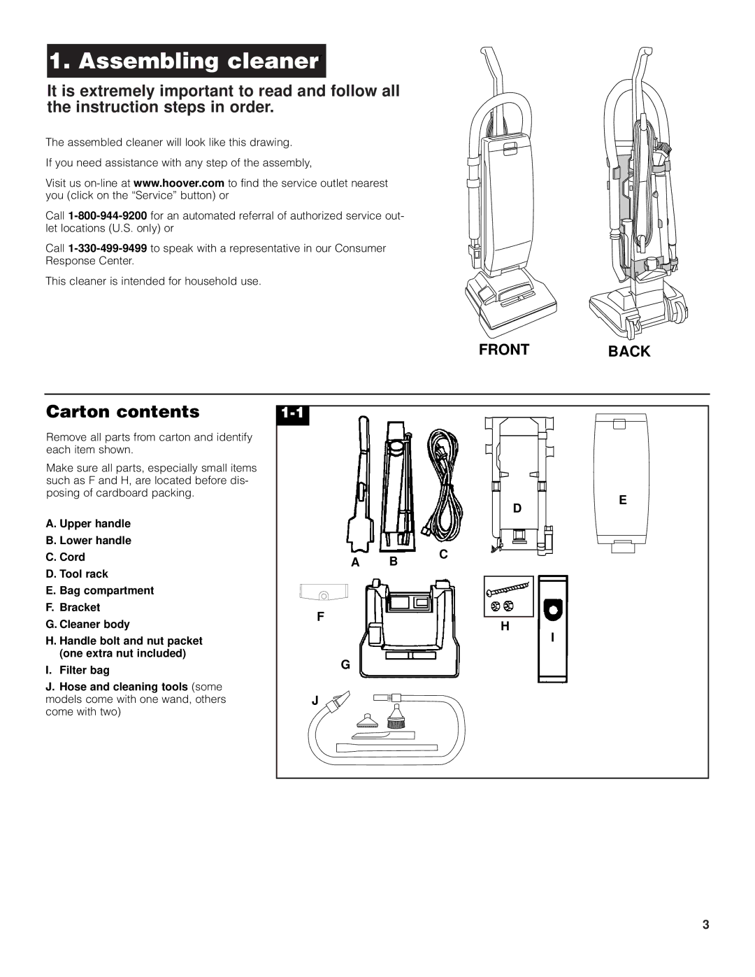 Hoover 4600 owner manual Assembling cleanerr, Carton contents 