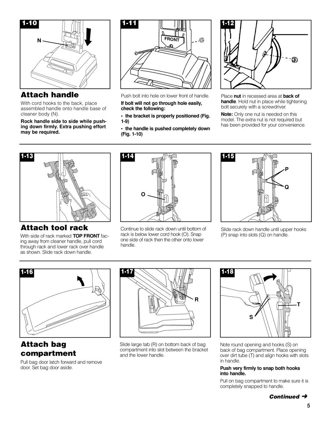 Hoover 4600 Attach handle, Attach tool rack, Attach bag, Compartment, Push very firmly to snap both hooks into handle 