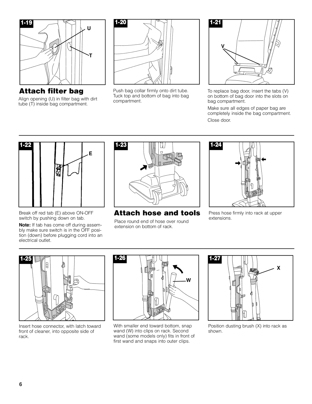 Hoover 4600 owner manual Attach filter bag, Attach hose and tools 