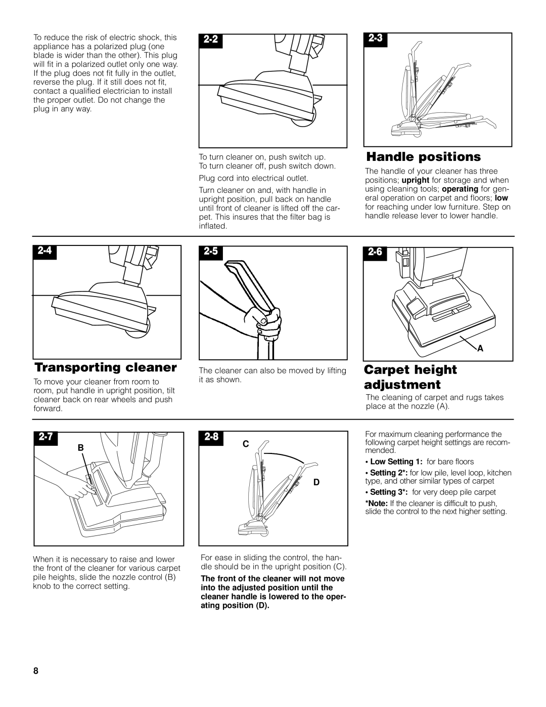 Hoover 4600 owner manual Handle positions, Transporting cleaner, Carpet height, Adjustment, Low Setting 1 for bare floors 