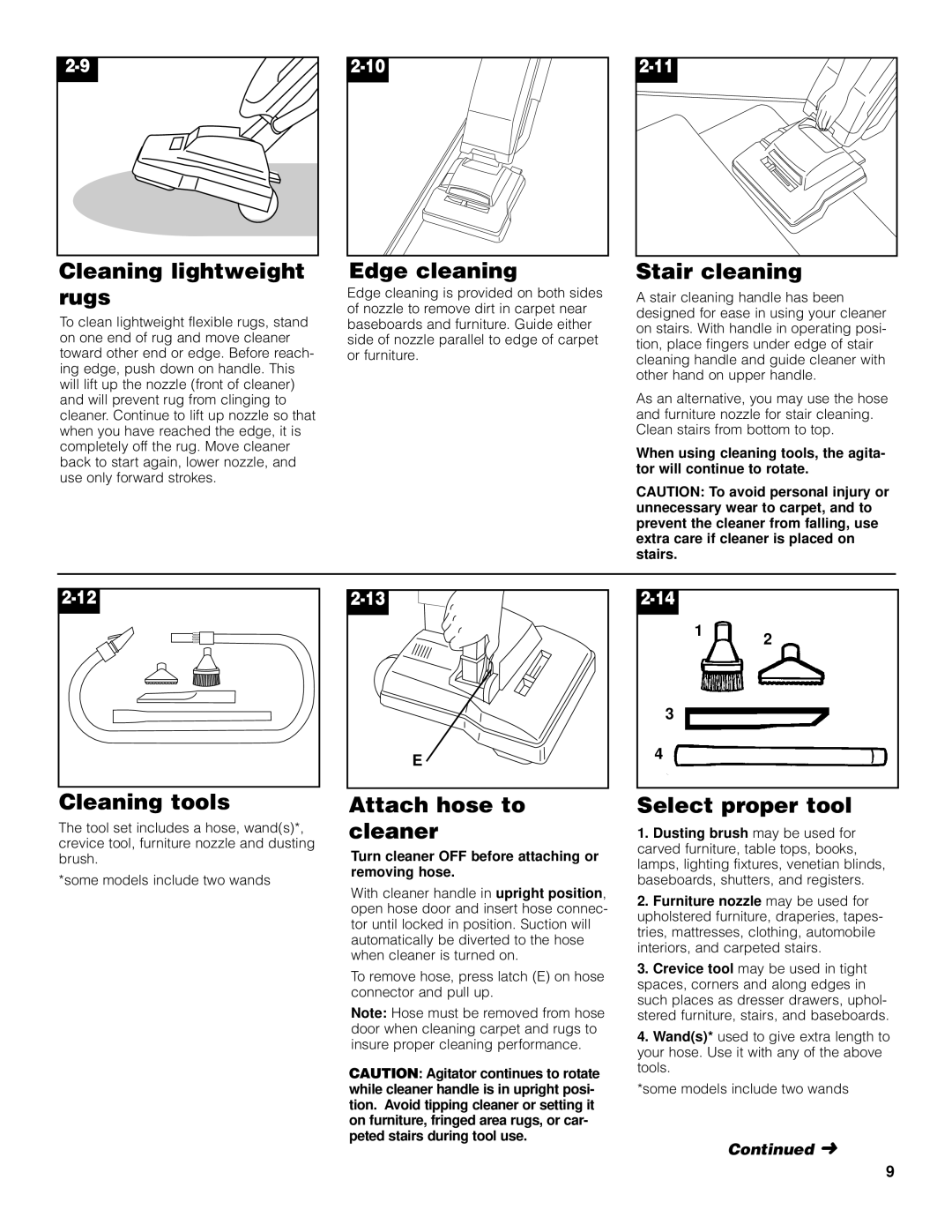 Hoover 4600 owner manual Cleaning lightweight rugs, Edge cleaning, Stair cleaning, Cleaning tools, Attach hose to cleaner 