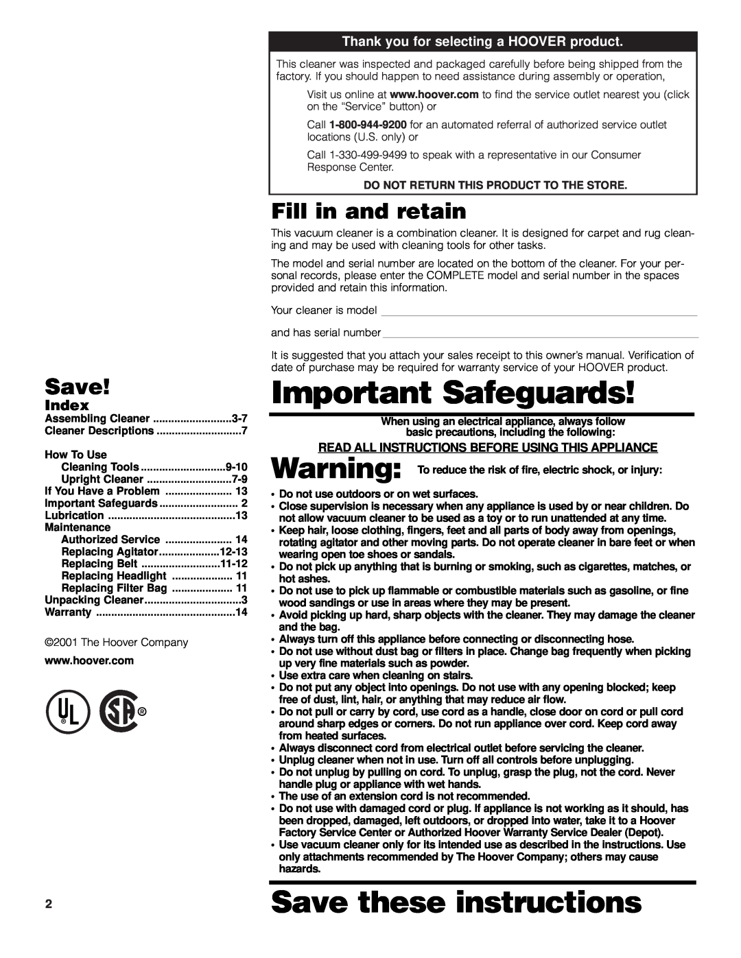 Hoover 4600 owner manual Fill in and retain, Important Safeguards, Save these instructions 