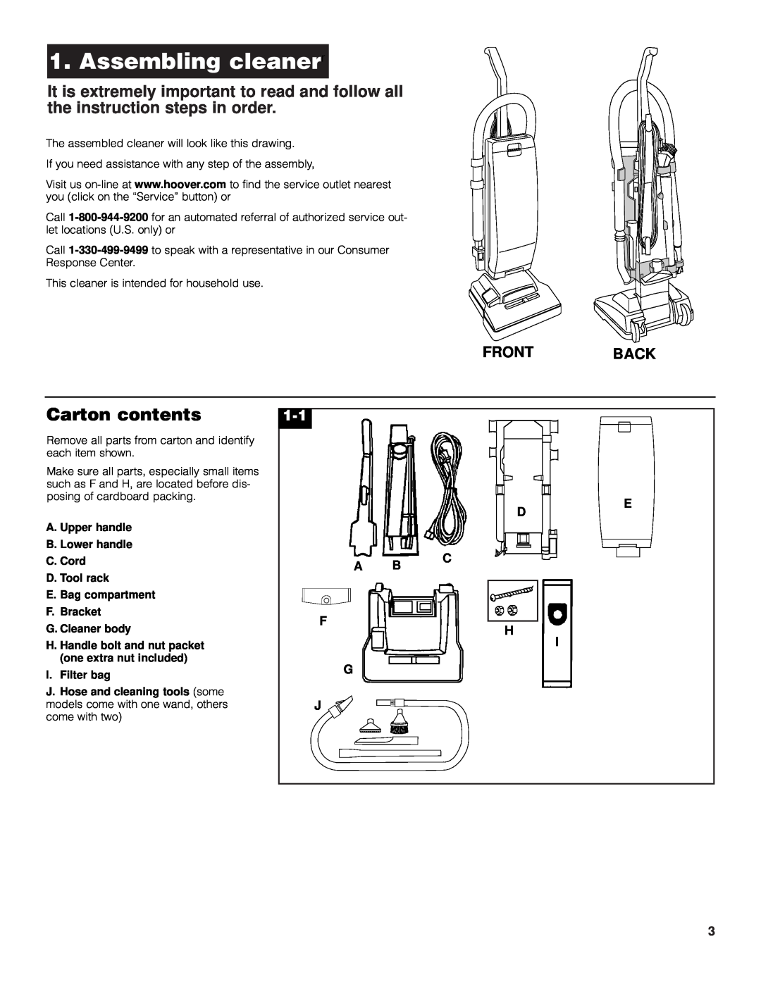Hoover 4600 owner manual Assembling cleanerr, Carton contents 