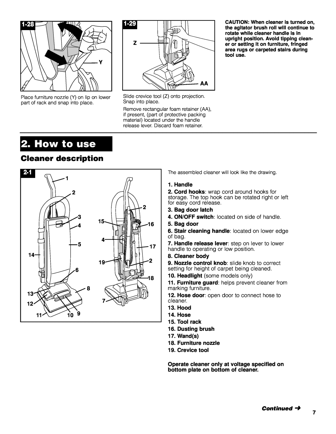 Hoover 4600 owner manual How to user, Cleaner description, 1-28, 1-29, Continued 