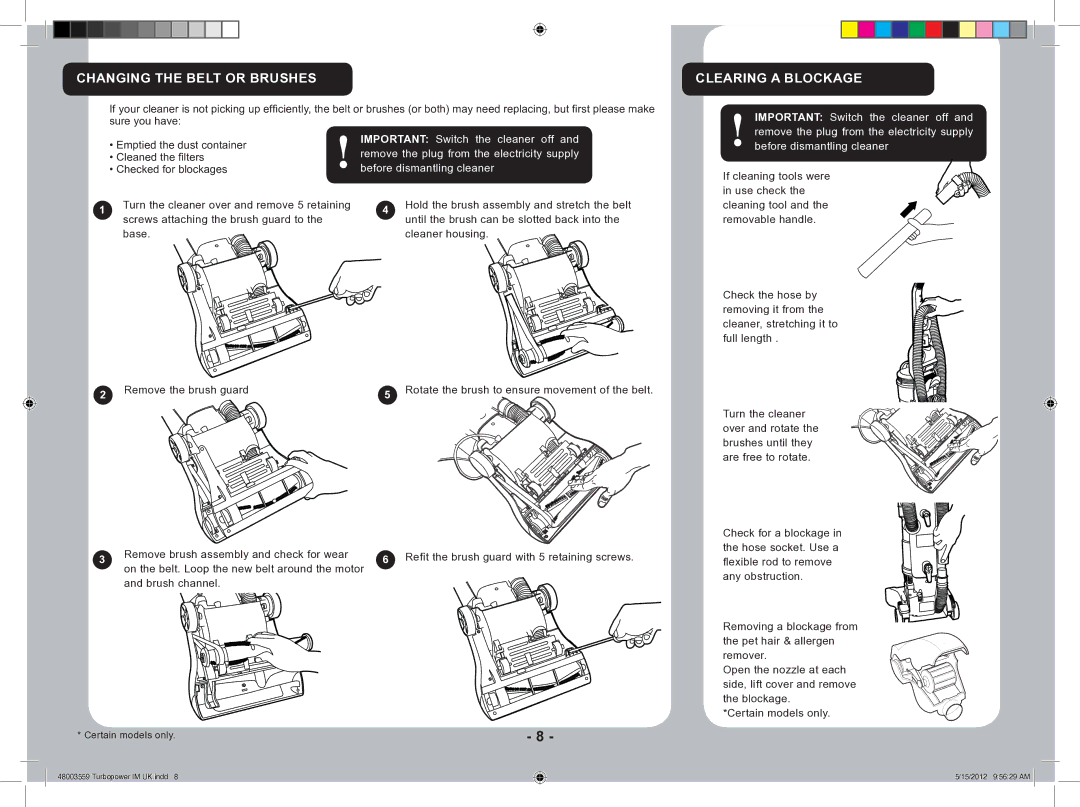 Hoover 48003559 manual Changing the Belt or Brushes, Clearing a Blockage 