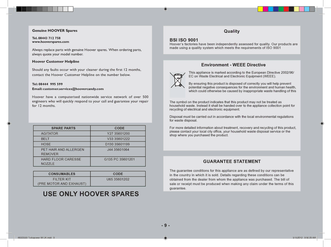 Hoover 48003559 manual USE only Hoover Spares 