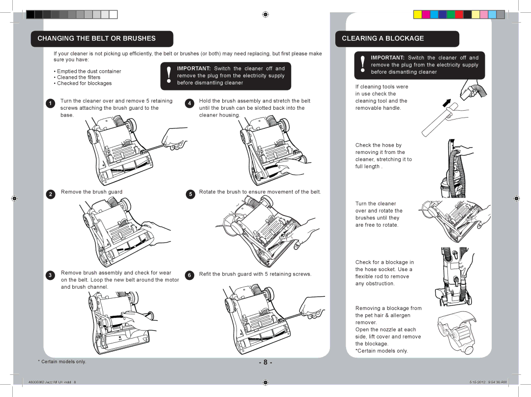 Hoover 48005382 manual Changing the Belt or Brushes, Clearing a Blockage 