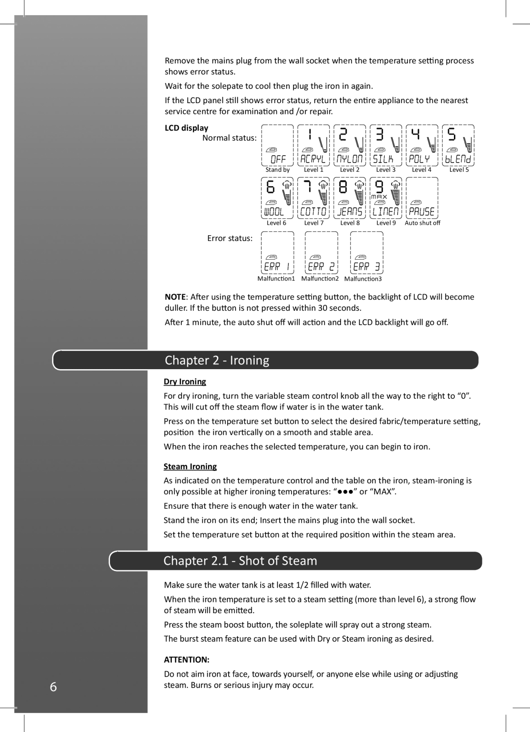 Hoover 48011051 manual Shot of Steam, LCD display, Dry Ironing, Steam Ironing 