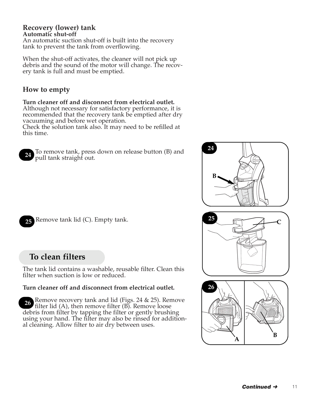 Hoover 500 manual To clean filters, Recovery lower tank, How to empty, Automatic shut-off 