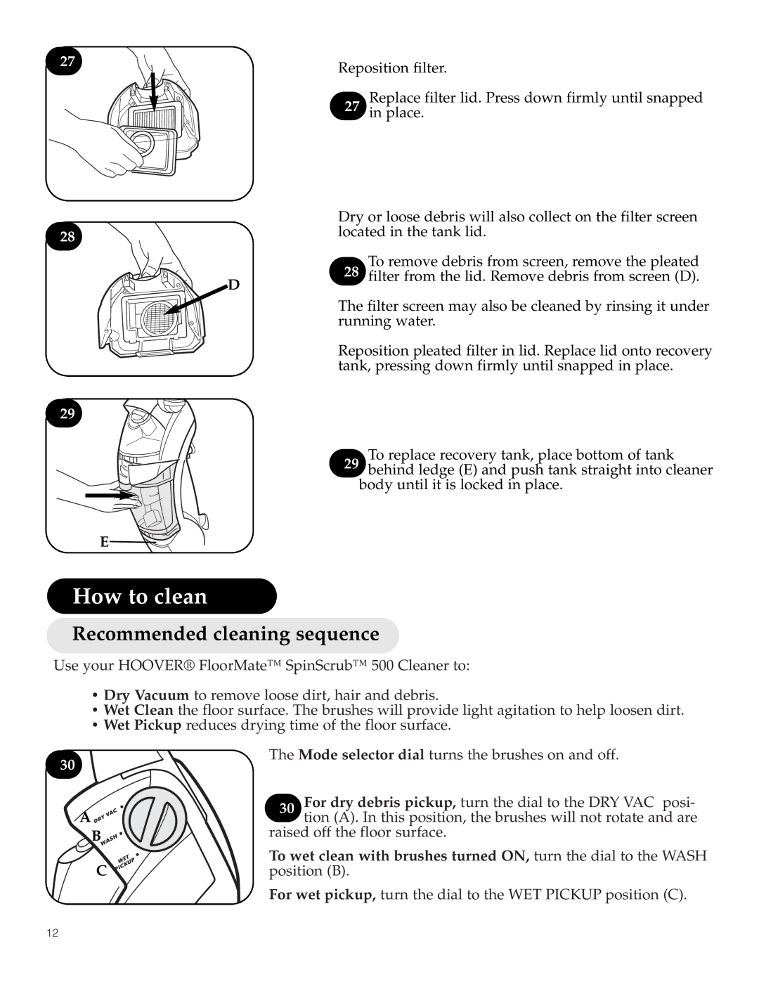 Hoover 500 manual How to clean, Recommended cleaning sequence 