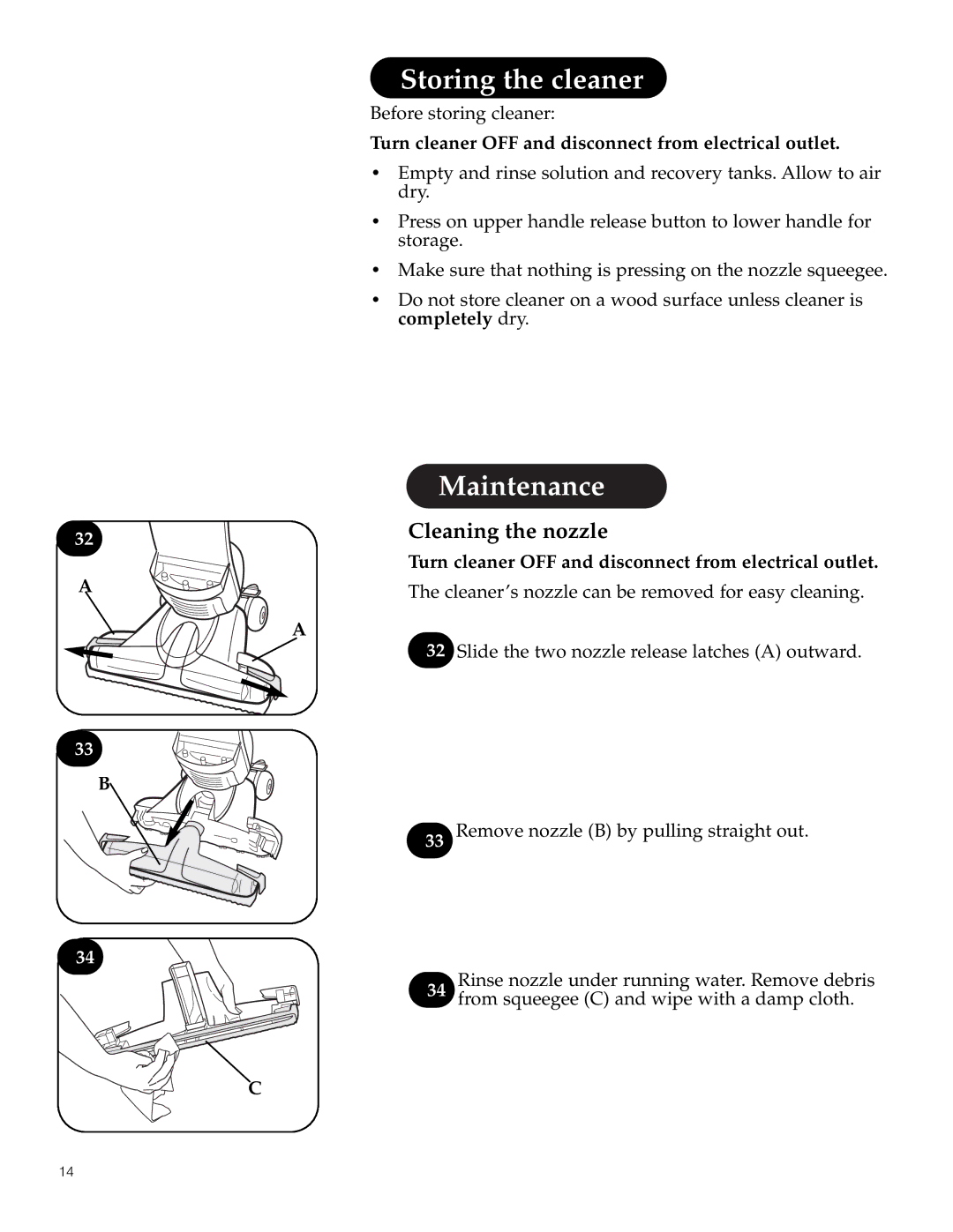 Hoover 500 manual Storing the cleaner, Maintenance 