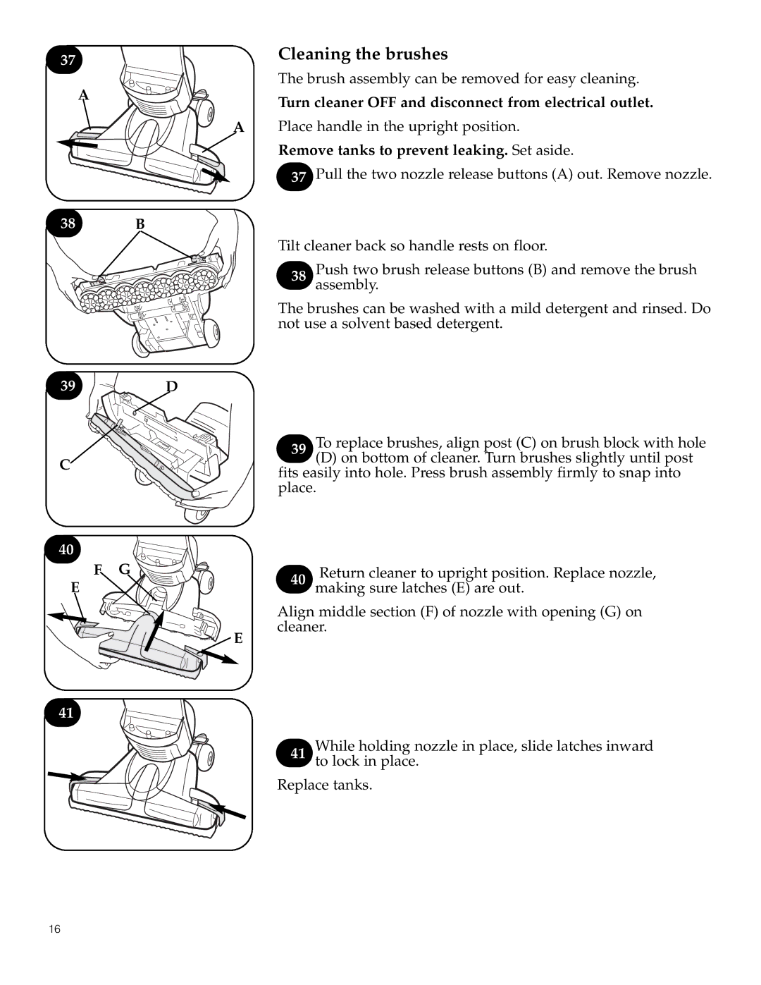 Hoover 500 manual Cleaning the brushes, Brush assembly can be removed for easy cleaning, 38 B 