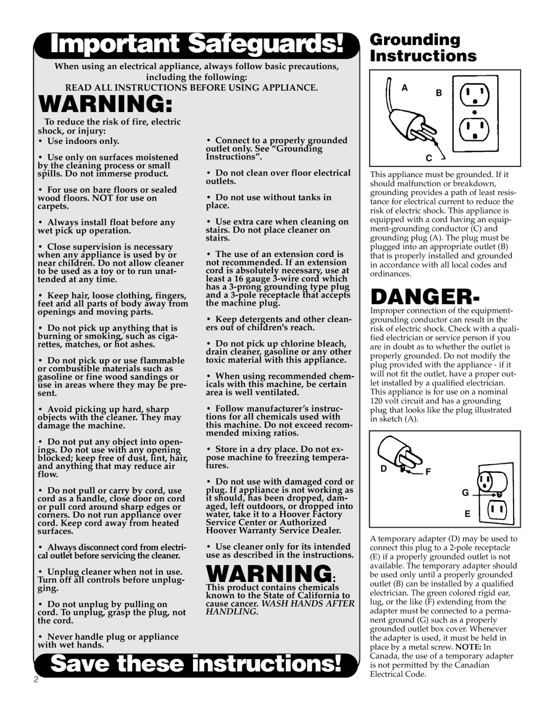 Hoover 500 manual Important Safeguards 