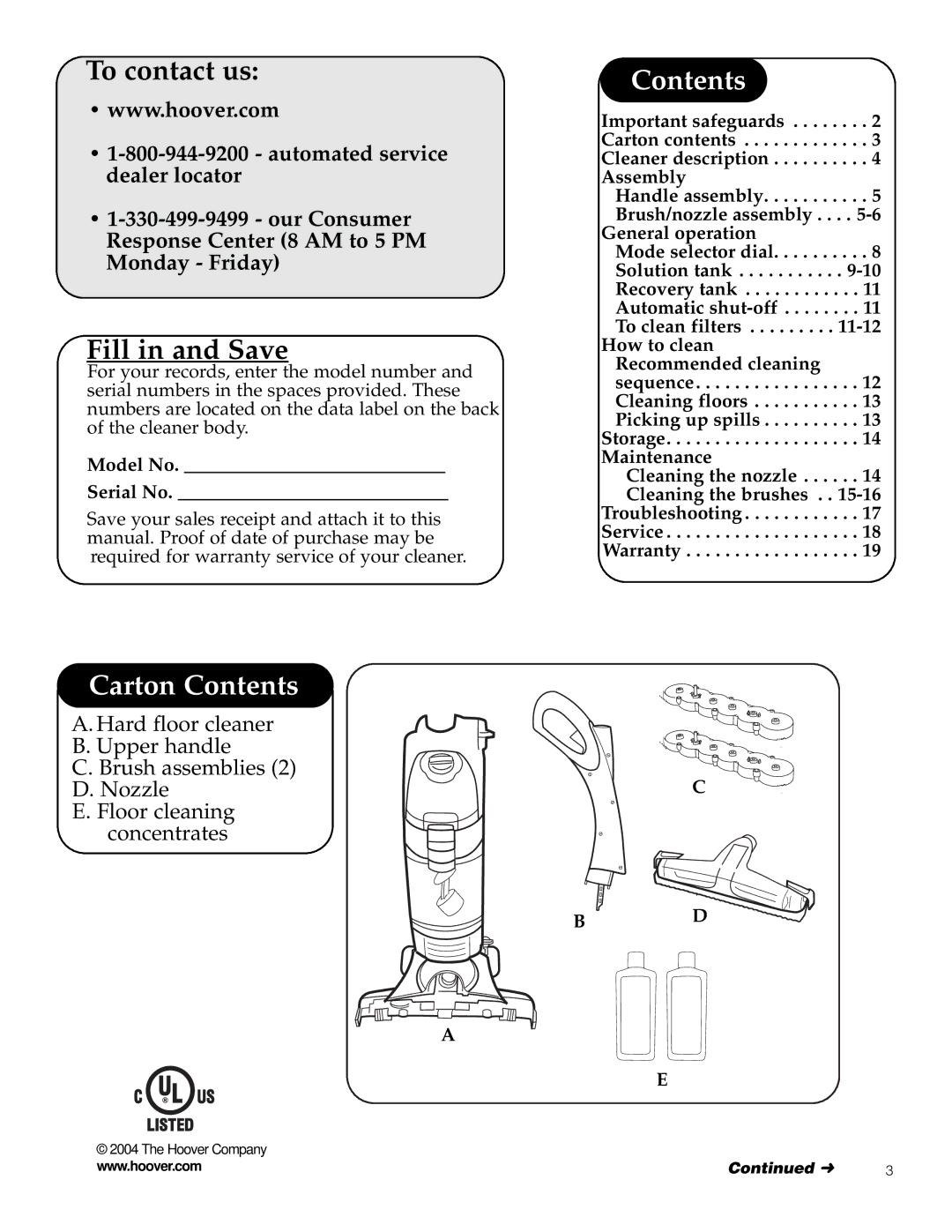 Hoover 500 manual Carton Contents 