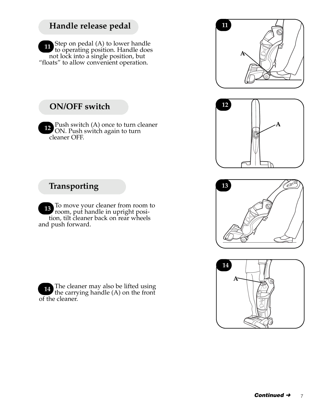 Hoover 500 manual Handle release pedal, ON/OFF switch, Transporting 