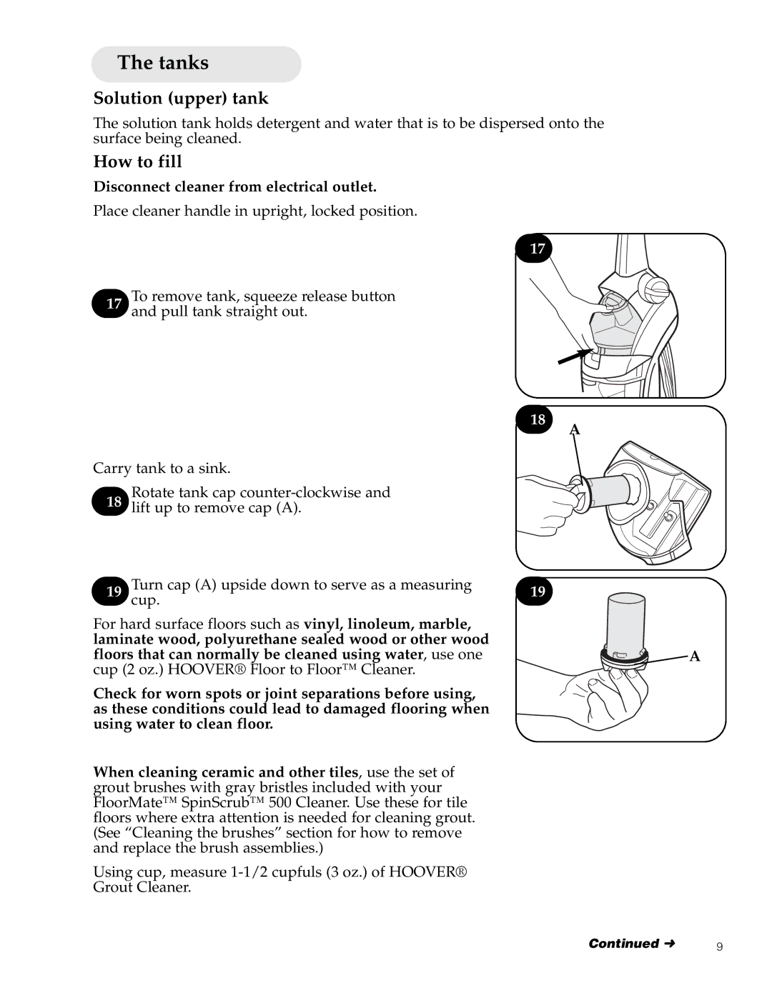 Hoover 500 manual Tanks, Solution upper tank, How to fill, Disconnect cleaner from electrical outlet 