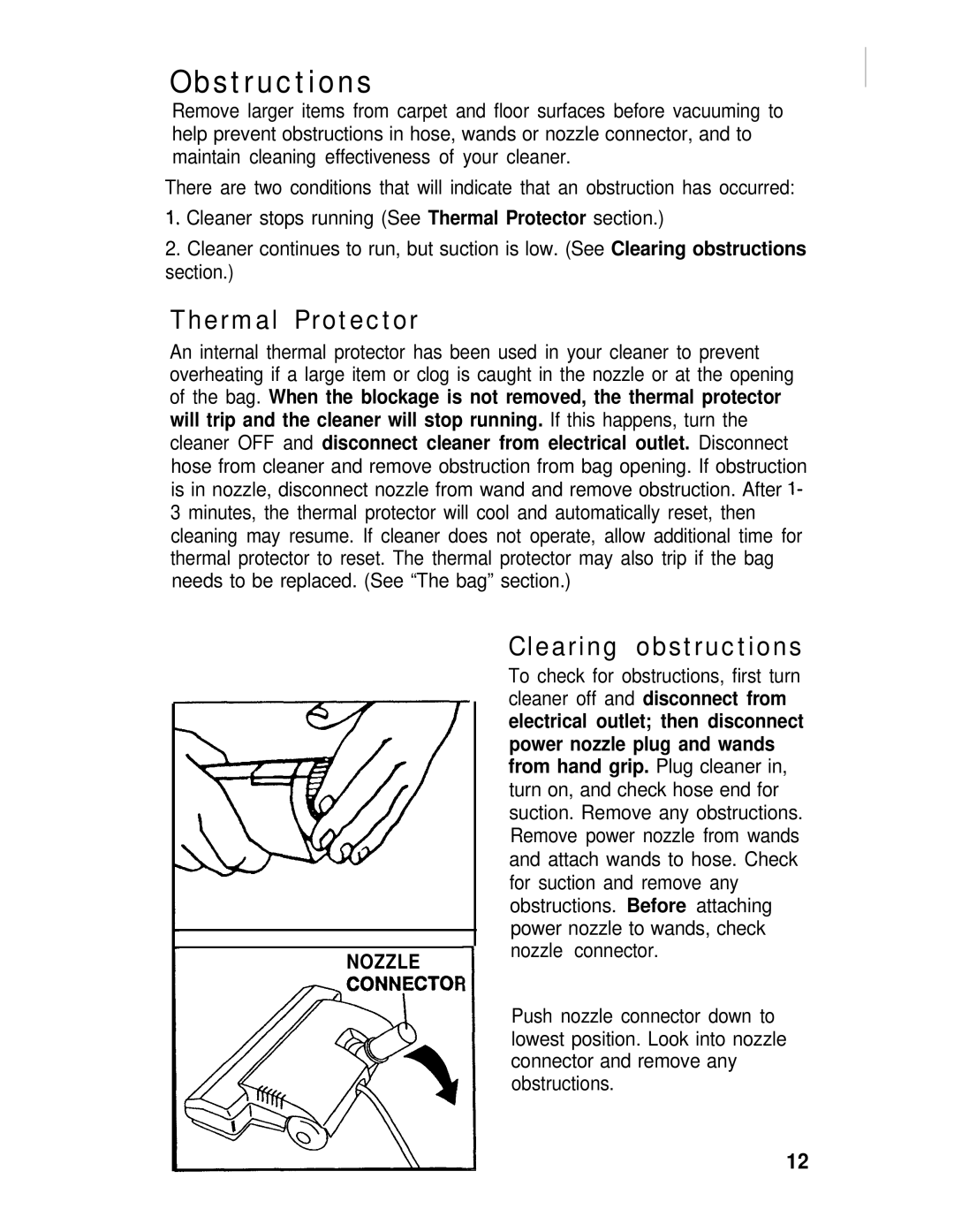 Hoover 53395, 53391 manual Obstructions, Thermal Protector, Clearing obstructions 