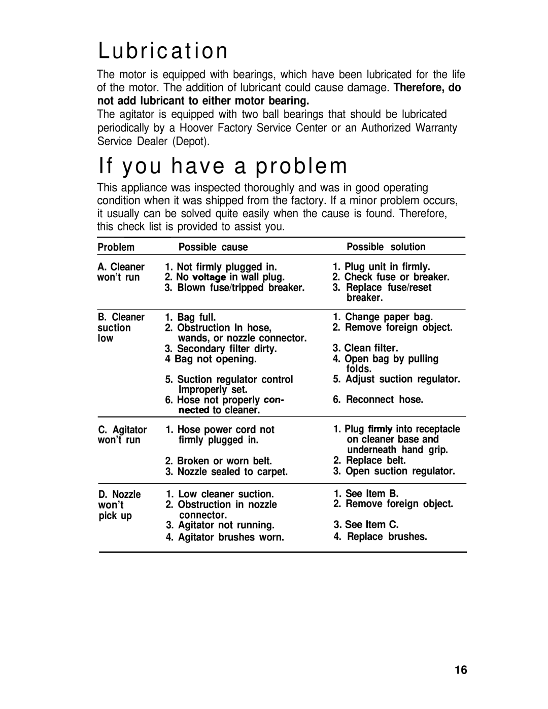 Hoover 53395, 53391 manual Lubrication, If you have a problem 